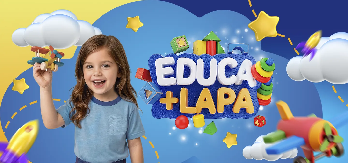 Campanha Educa+ Lapa, criada pela Salish para a Prefeitura da Lapa: menina sorrindo com avião de brinquedo entre nuvens e estrelas