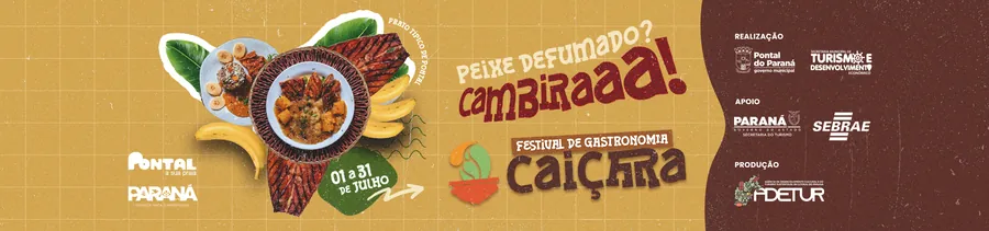 Banner do Festival de Gastronomia Caiçara com prato de peixe defumado e a chamada "Peixe defumado? Cambiraaa!"