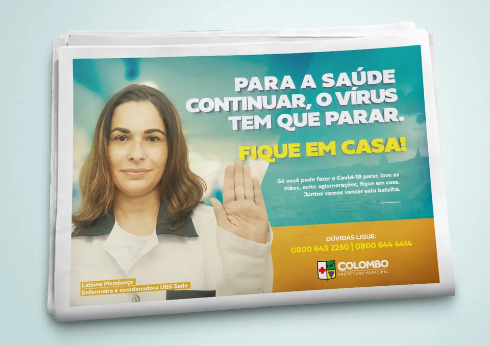 Anúncio da campanha contra a Covid-19 da Prefeitura de Colombo com profissional de saúde